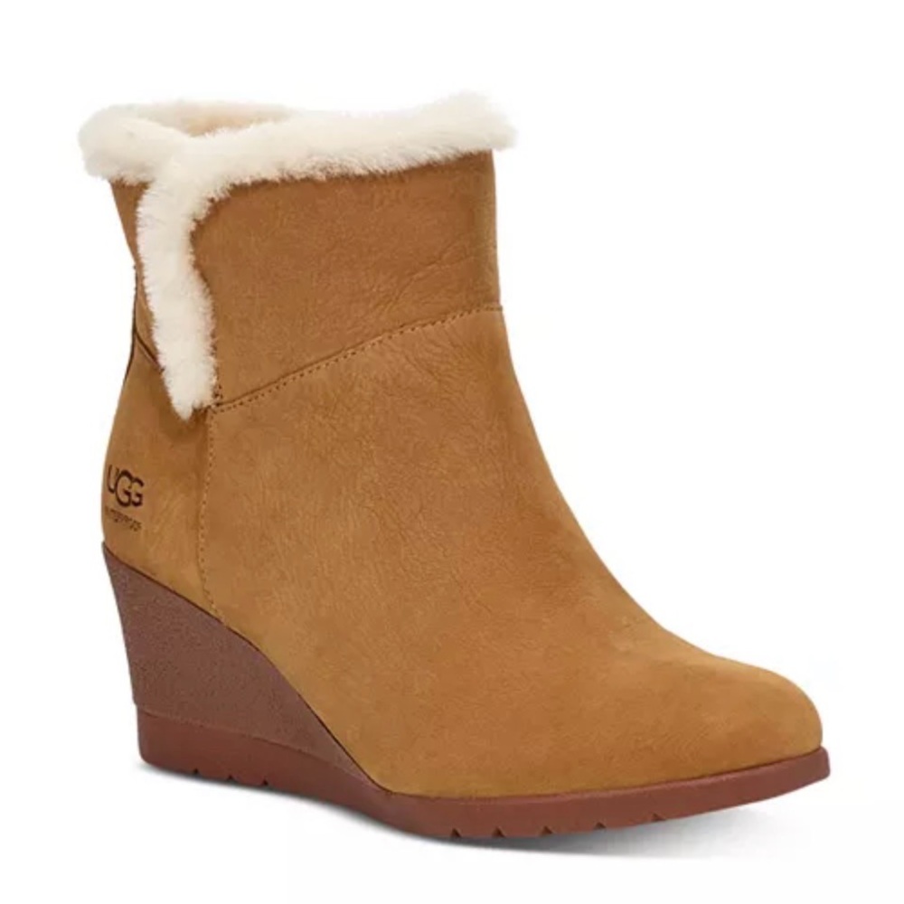 UGG Chestnut Suede Wedge Ankle Boot with Shearling Trim